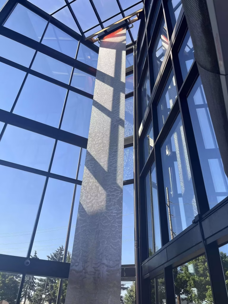 50′ high Frameless Stainless Steel Mesh Water Wall at Corporate Lobby in Detroit, Michigan 3 (1) 50′ high Frameless Stainless Steel Mesh Water Wall at Corporate Lobby in Detroit, Michigan 3 (1)