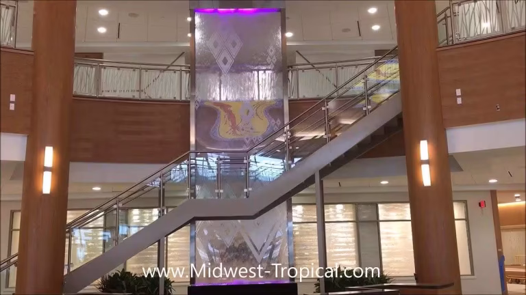 Video Lobby Water Wall Waterfall-Custom Water Feature with Etched Logo and LED Lighting Video Lobby Water Wall Waterfall-Custom Water Feature with Etched Logo and LED Lighting