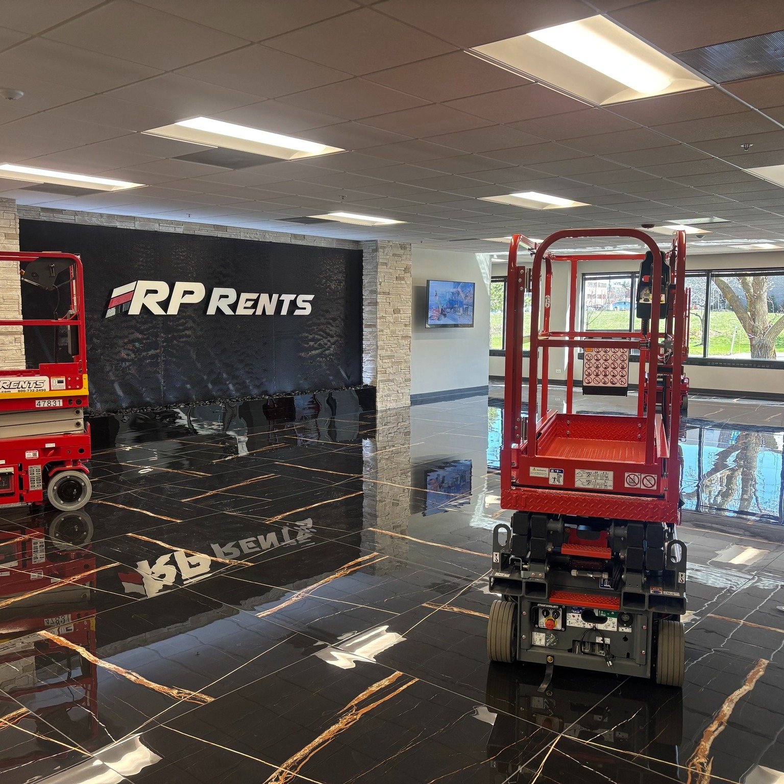 Black Scored Acrylic Water Wall with Logo for RP Rents in Naperville Illinois 2 1