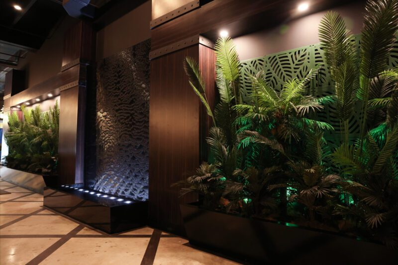 Black Scored Water Wall with Reflection Pool at Amped Fitness in West Palm Beach, Florida