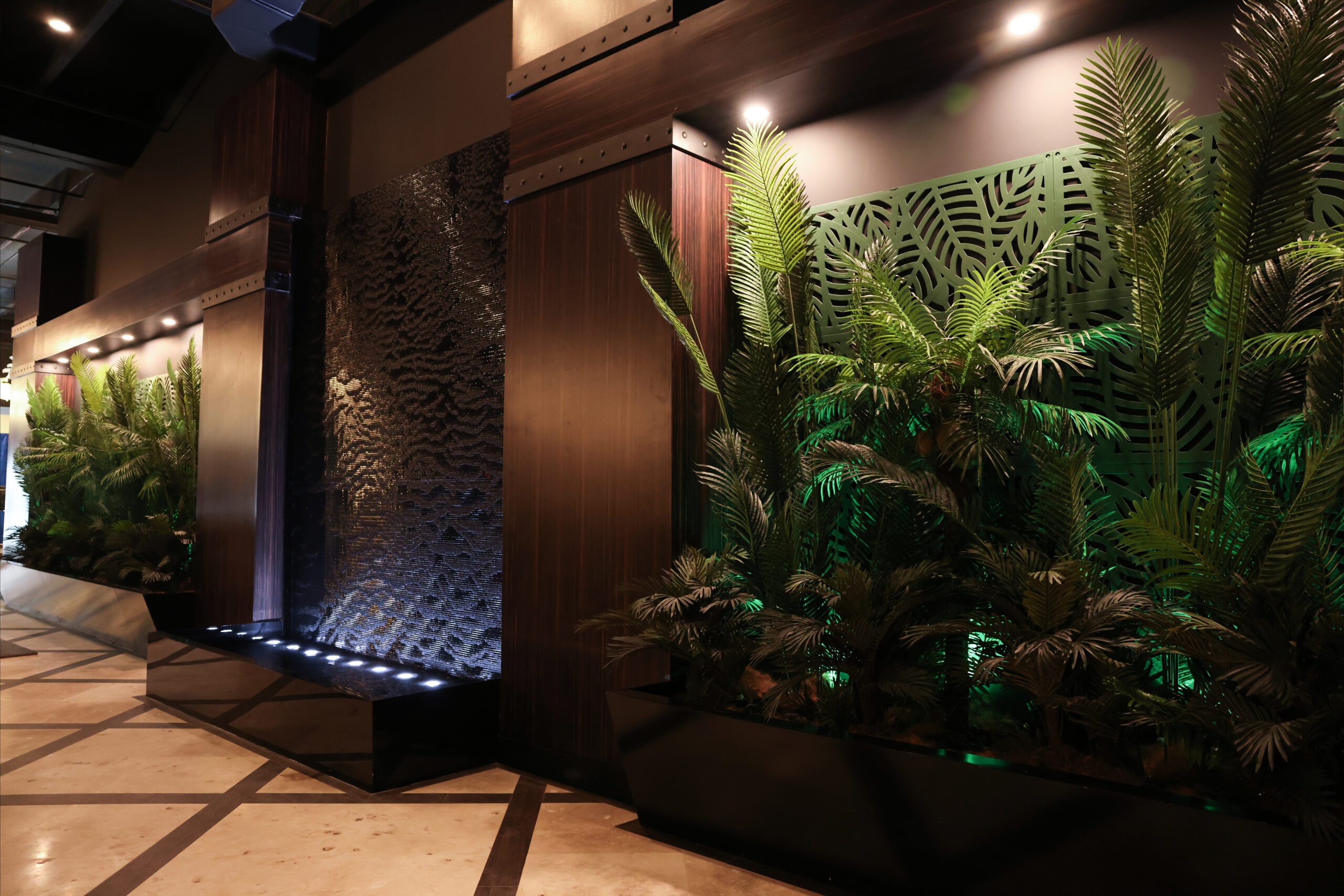 Black Scored Water Wall with Reflection Pool at Amped Fitness in West Palm Beach Florida