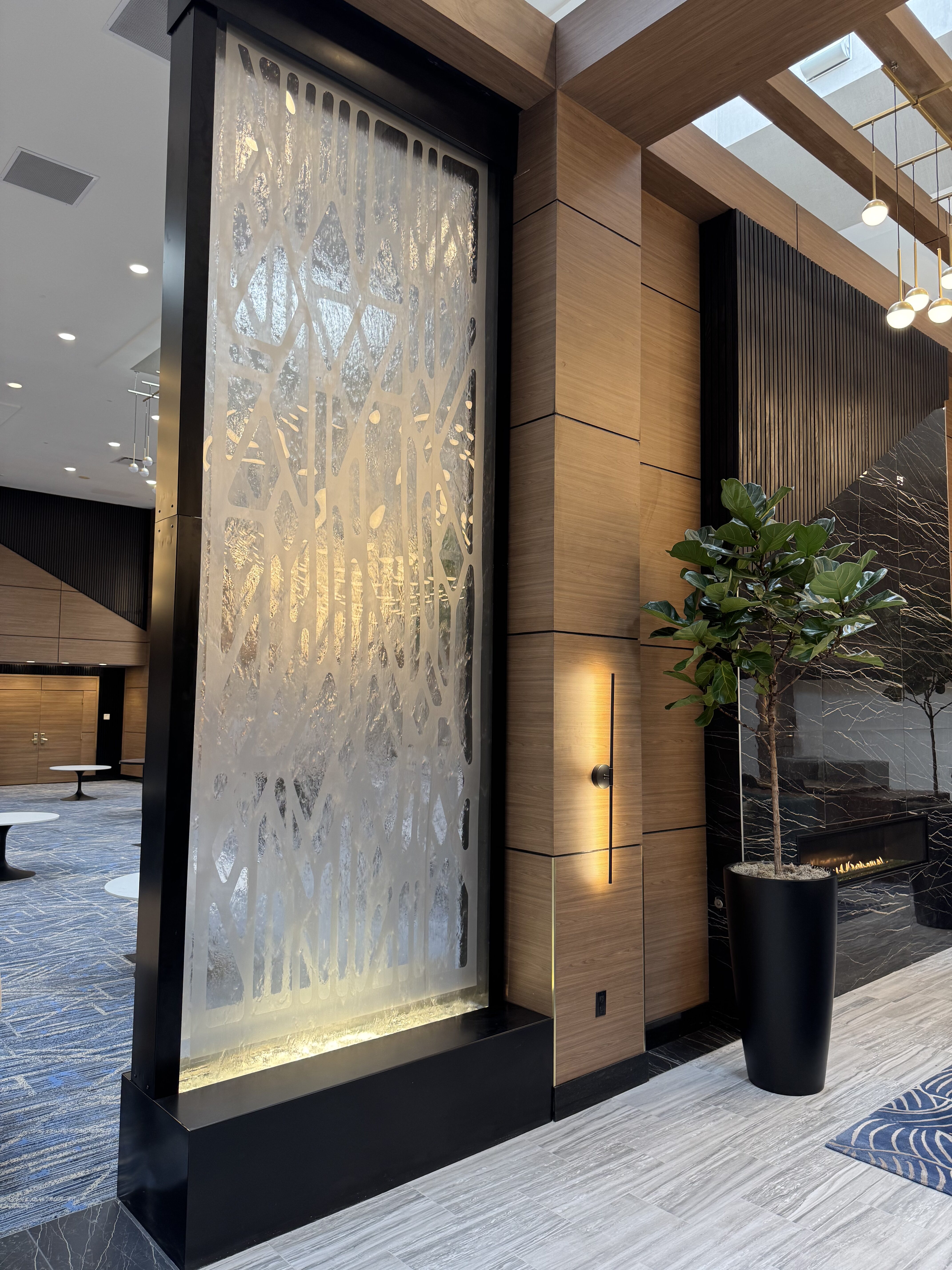 Enclosed Sealed Water Wall with Etched Pattern Logo for Chicago Marriott Northwest in Hoffman Estates Illinois 5 rotated