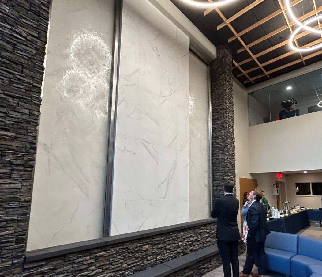 Glass Acrylic Water Wall with Stainless Steel Frame for Centre County Community Services Building in Bellefonte, PA Glass Acrylic Water Wall with Stainless Steel Frame for Centre County Community Services Building in Bellefonte, PA