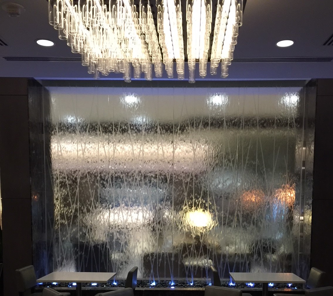 Glass Water Wall with Etching Logo Design at Embassy Suites Katy Texas 3