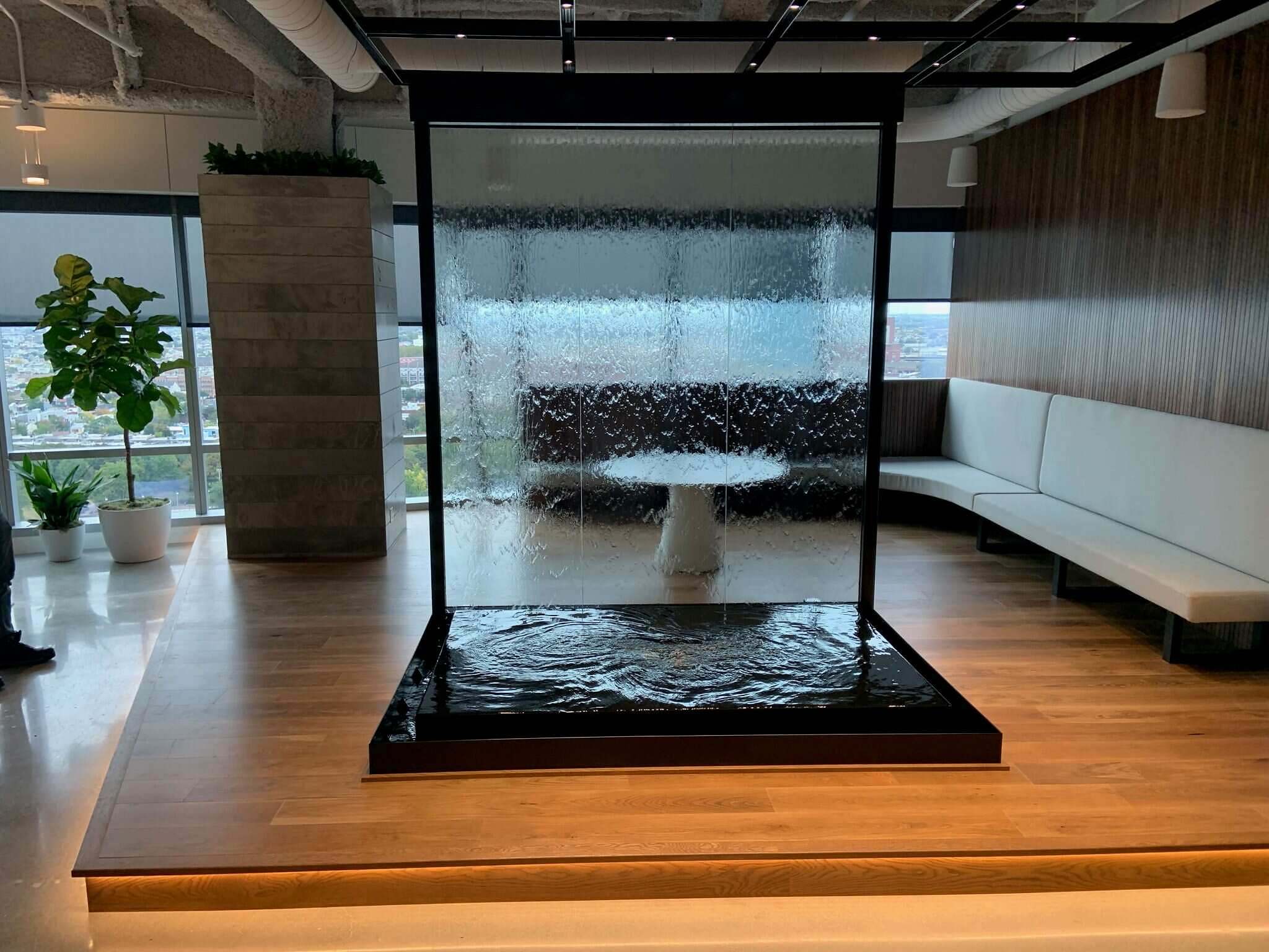 Glass Water Wall with Reflection Pool and Black Powder Coated Frame in Philadelphia