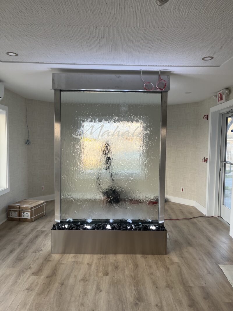 Glass Water Wall with Stainless Steel Frame and Etched Logo for Mahalo Hotel Cape May, New Jersey