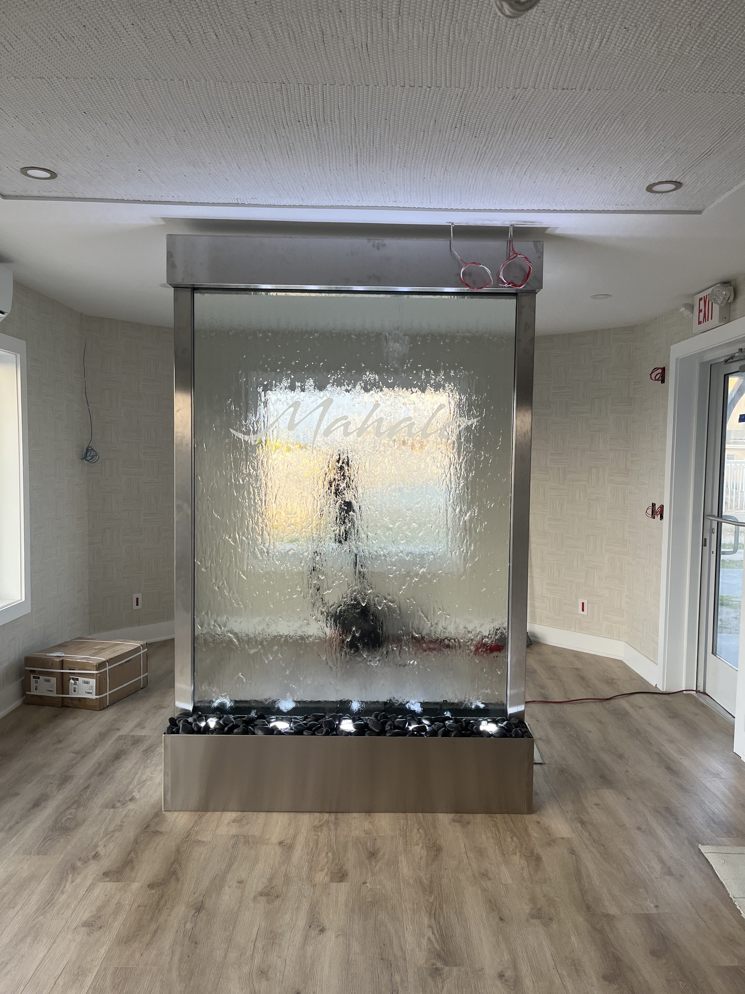 Glass Water Wall with Stainless Steel Frame and Etched Logo for Mahalo Hotel Cape May, New Jersey