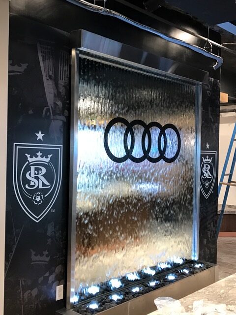 Mirror Glass Water Wall Waterfall For Audi Lounge at Rio Tinto Soccar Stadium in Salt Lake City Utah 4