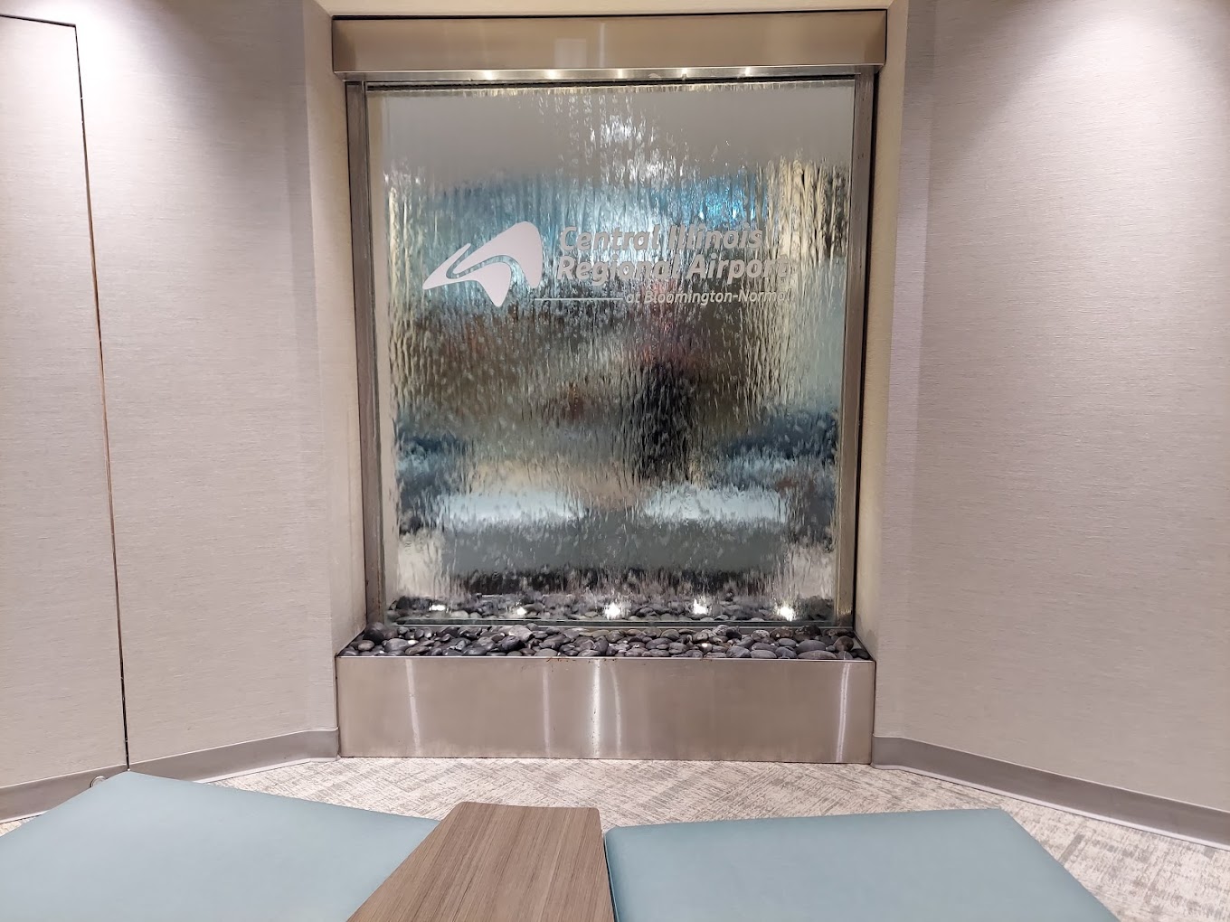 Mirror Waterfall Water Wall with Stainless Steel Frame at Central Illinois Regional Airport in Bloomington Normal Illinois