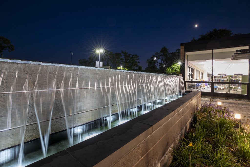 Outdoor Fountain Reflection pool with overflowing weirs free falling water for Prospect Heights Public Library 3