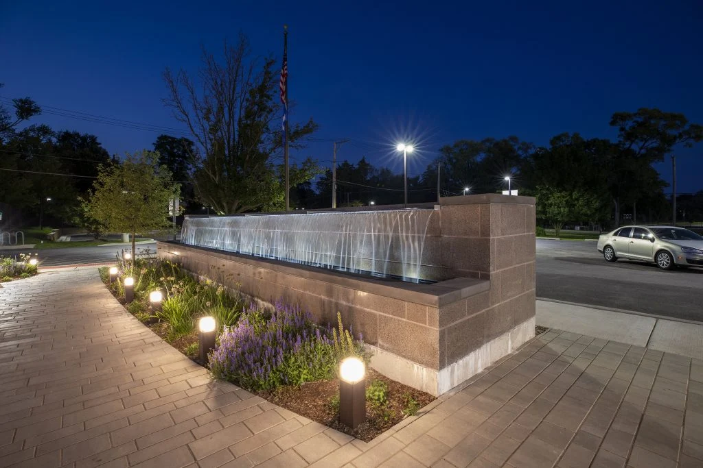 Outdoor Fountain-Reflection pool with overflowing weirs free falling water for Prospect Heights Public Library 6