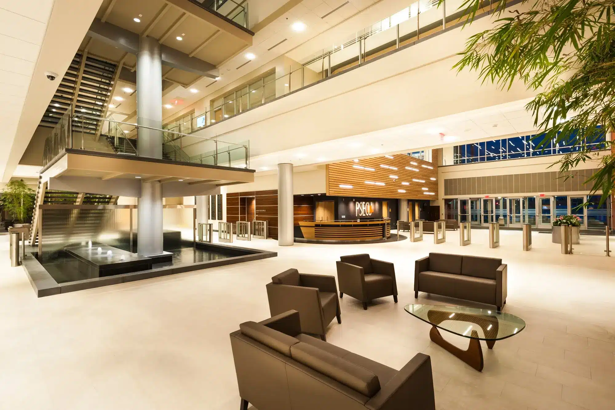 Reflection Pool with Bubbler Jets and Glass Water Wall with Stainless Steel at PSECU Credit Union in Harrisburg Pensylvania 2 2