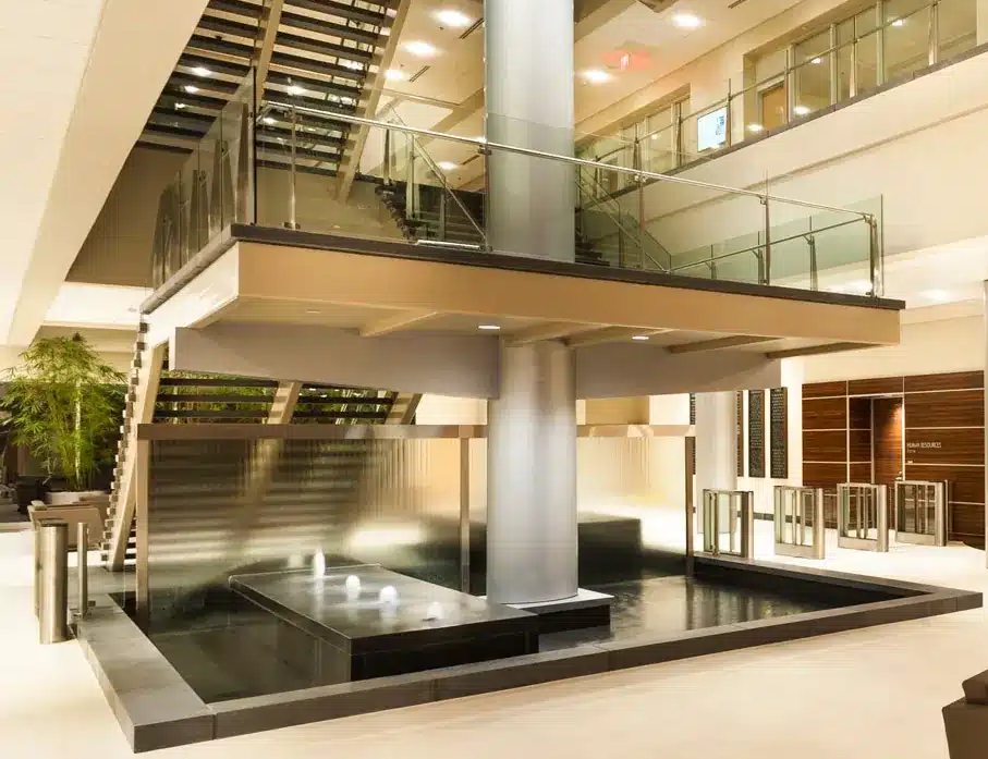 Reflection Pool with Bubbler Jets and Glass Water Wall with Stainless Steel at PSECU Credit Union in Harrisburg Pensylvania 3