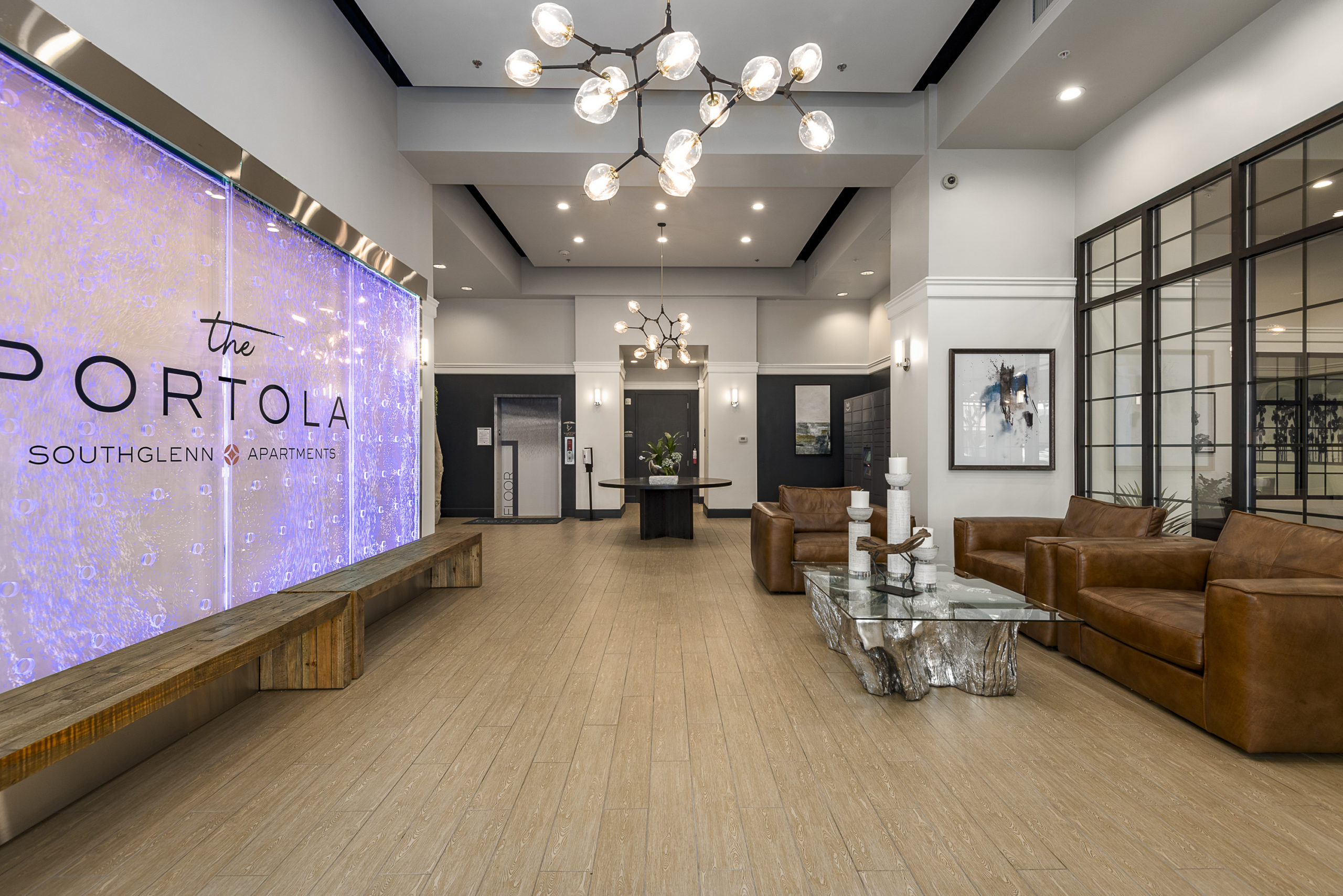 Rod Style Swirley Bubble Wall with Stainless Steel Frame at Portola Apartments Denver Colorado 2