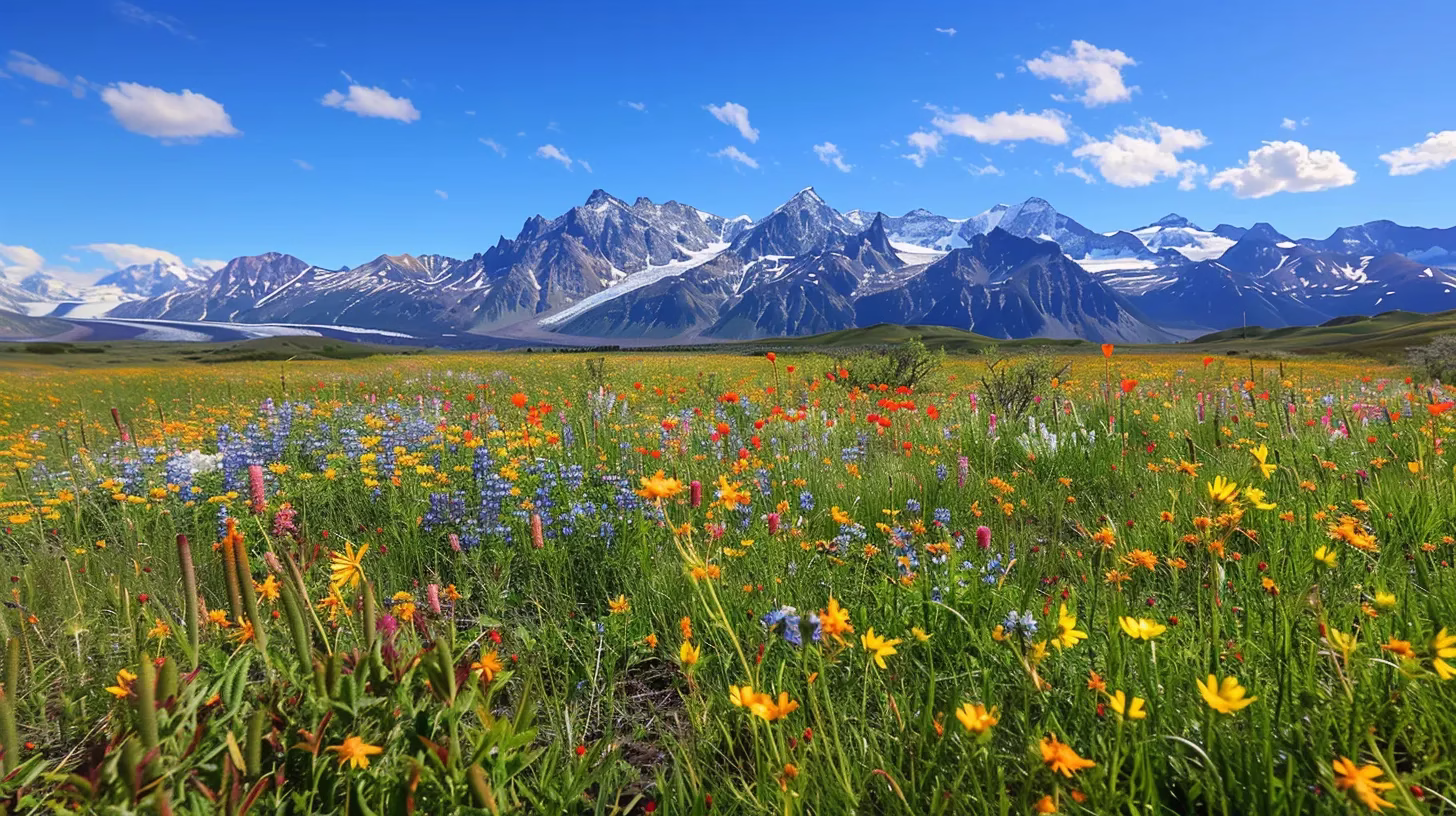 a breathtaking, sun-kissed landscape unfolds with vibrant wildflowers swaying gently in a warm breeze against a backdrop of majestic snow-capped mountains under a crisp, clear blue sky.