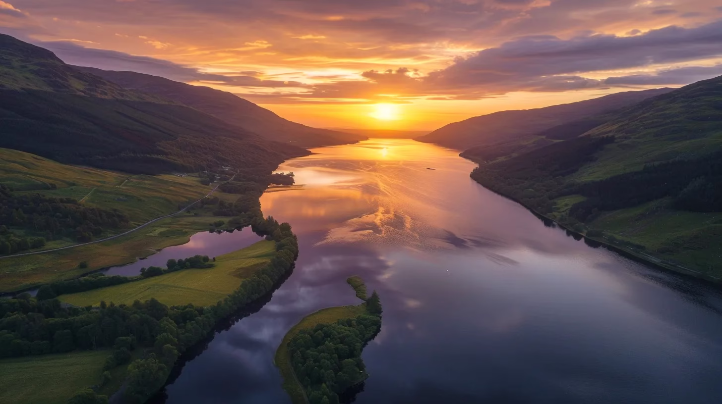 a breathtaking sunrise casts golden hues over a tranquil lake, its mirror-like surface reflecting the vibrant colors of the sky and surrounded by lush green hills.