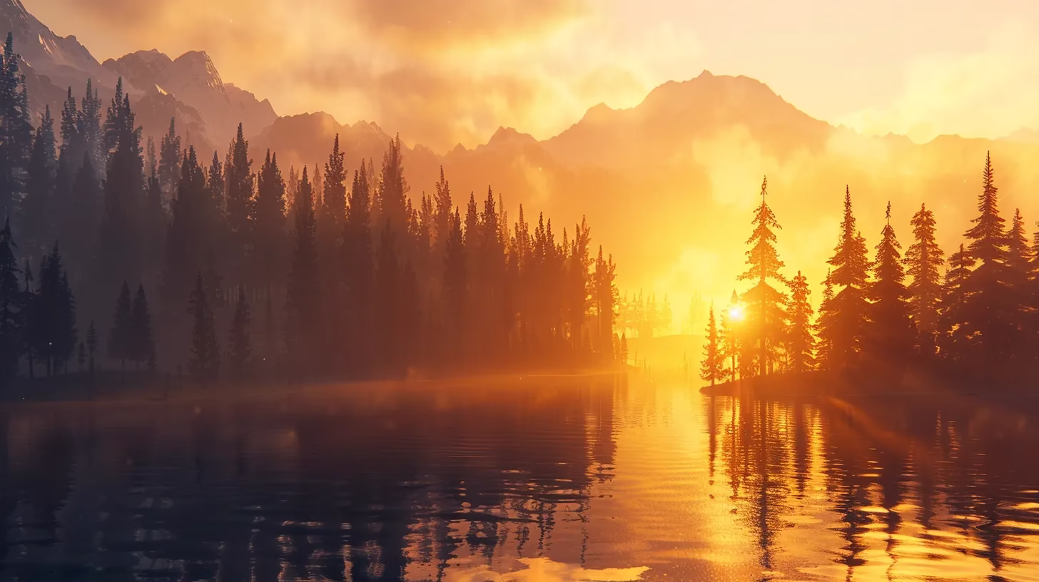 Unique Indoor Waterfall Design to Refresh Your Decor 2 a breathtaking sunrise casts golden hues over a tranquil lake, reflecting the serene silhouette of towering pine trees against a backdrop of majestic mountains.