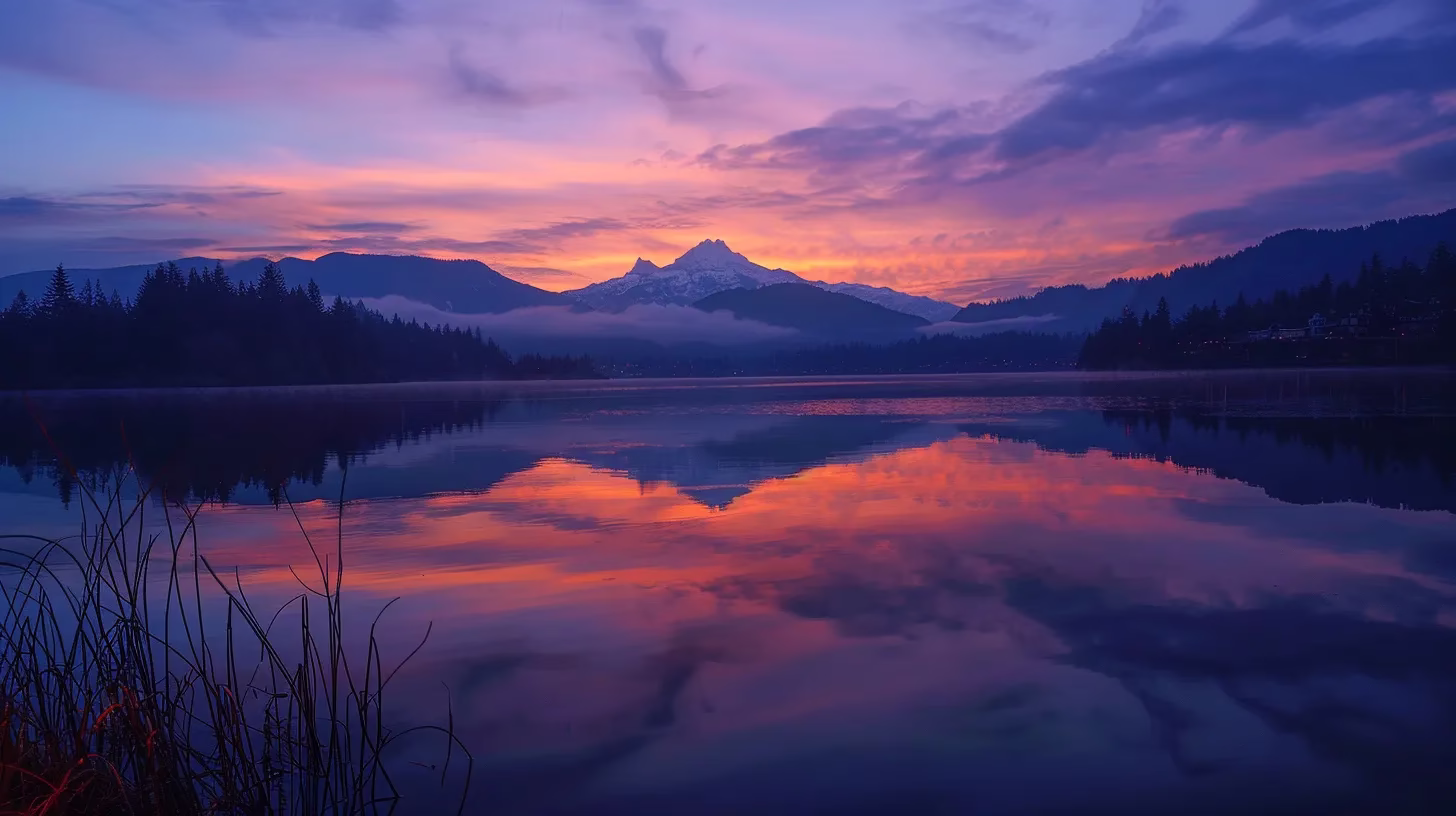 a breathtaking sunrise casts a golden glow over a tranquil mountain lake, reflecting the vibrant colors of the sky and the looming peaks, creating a serene atmosphere of natural beauty.