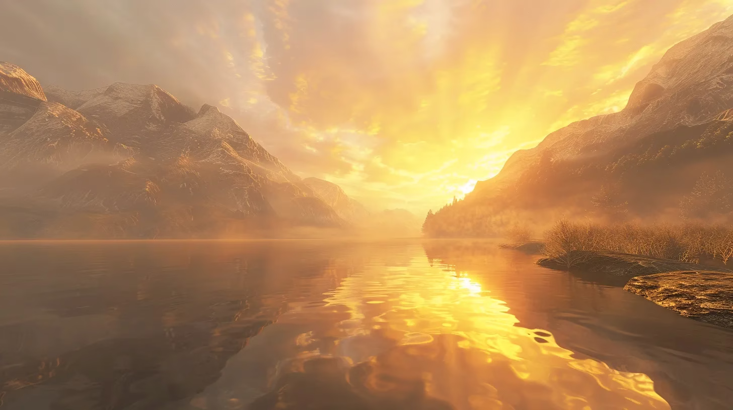 Enhance Your Yard With Beautiful Outdoor Waterfalls for Sale 2 a breathtaking sunrise illuminates a tranquil lake, surrounded by mist-covered mountains, creating a serene atmosphere of harmony and natural beauty.