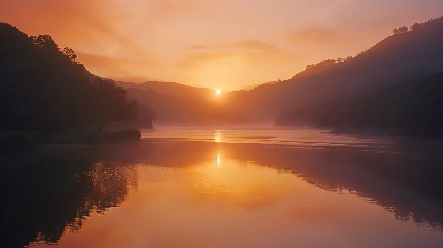 Creating Stunning Visuals With a Copper Garden Theme 2 a breathtaking sunrise over a serene lake, with vibrant orange and pink hues reflecting off the glassy water, surrounded by mist-covered mountains.