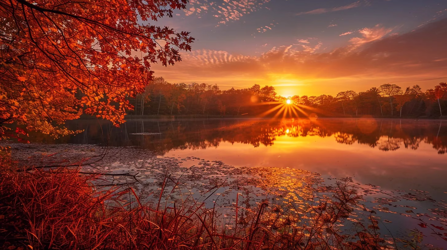 Experience Vegas With Kitchens for Memorable Stays 6 a breathtaking sunrise over a tranquil lake, where soft golden rays reflect off the glassy surface, surrounded by vibrant autumn foliage in rich hues of orange and red.