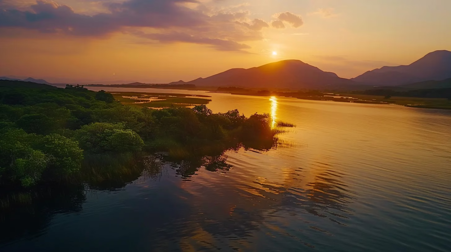 How Water Sculpture Elevates Landscape Design 6 a breathtaking sunset casts a warm golden glow over a tranquil lake, reflecting vibrant hues of orange and pink on the water's surface, surrounded by lush greenery and distant mountains.