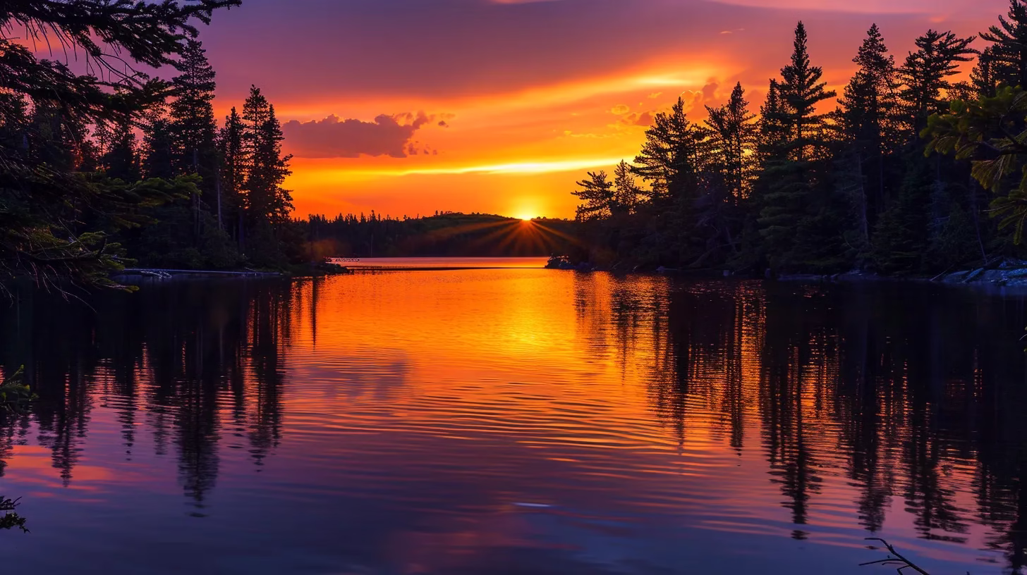 Create a Relaxing Ambiance With Square Water Features 1 a breathtaking sunset casts a warm golden glow over a tranquil lake, with silhouettes of towering pine trees framing the serene water reflecting the vibrant hues of orange and purple in the sky.