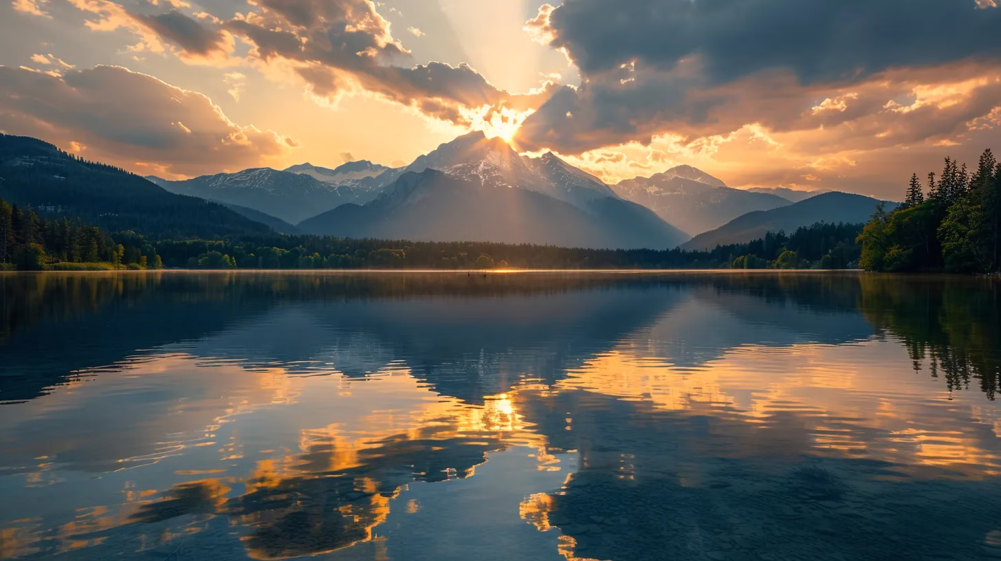 a breathtaking sunset casts a warm golden glow over a serene lake, surrounded by towering mountains that reflect perfectly in the still water, creating a harmonious blend of nature's beauty.