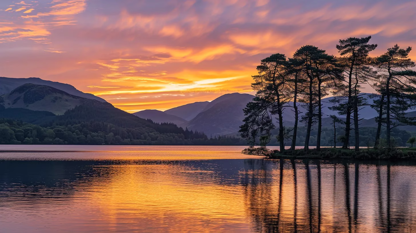 a breathtaking sunset casts golden hues over a tranquil lake, reflecting vibrant orange and pink skies, with silhouetted trees framing the serene landscape.