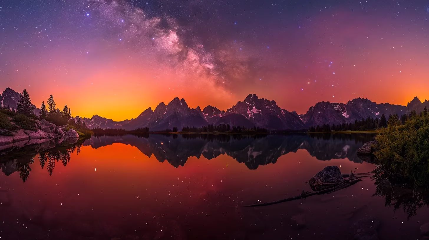 Must-Have Fountain Accessories for Every Garden Lover 3 a breathtaking sunset casts vibrant hues of orange and pink over a tranquil lake, reflecting the majestic silhouettes of distant mountains beneath a clear, starry sky.