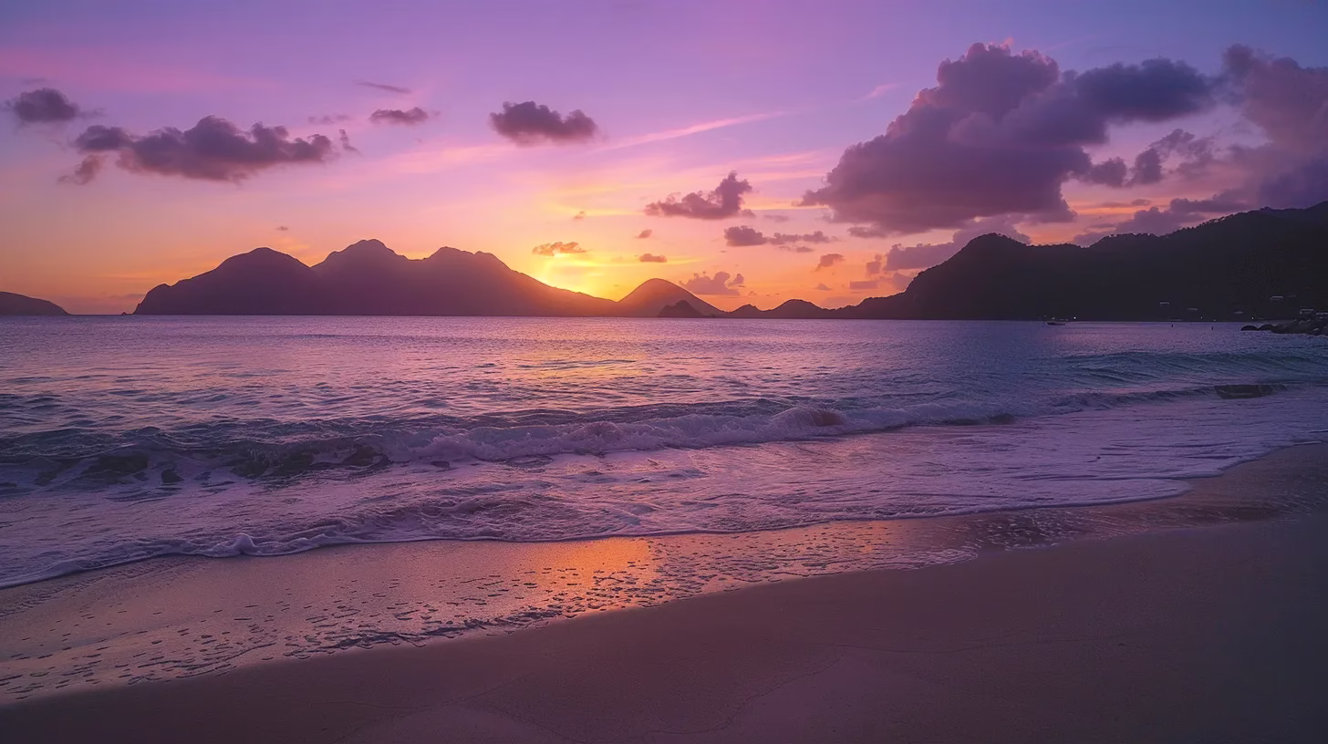 a breathtaking sunset casts vibrant hues of orange and purple across the tranquil waters of a secluded beach, with gentle waves lapping at the shoreline under a serene, cloudless sky.