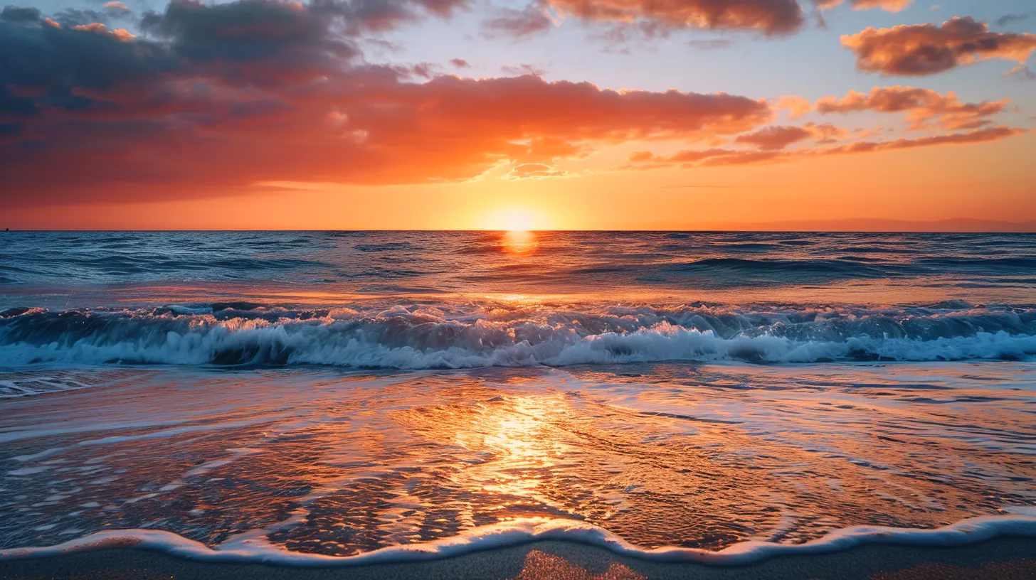 Seasonal Pool Water Care for Optimal Results 2 a breathtaking sunset casts vibrant hues of orange and pink across a tranquil ocean, reflecting on the gentle waves under a clear sky.