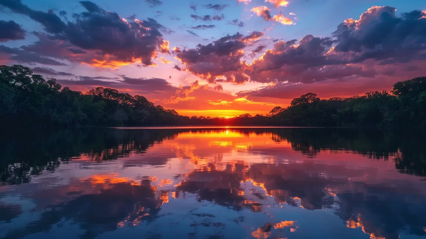 a breathtaking sunset casts vibrant hues of orange and pink across the sky, reflecting brilliantly on a tranquil lake surrounded by lush greenery.