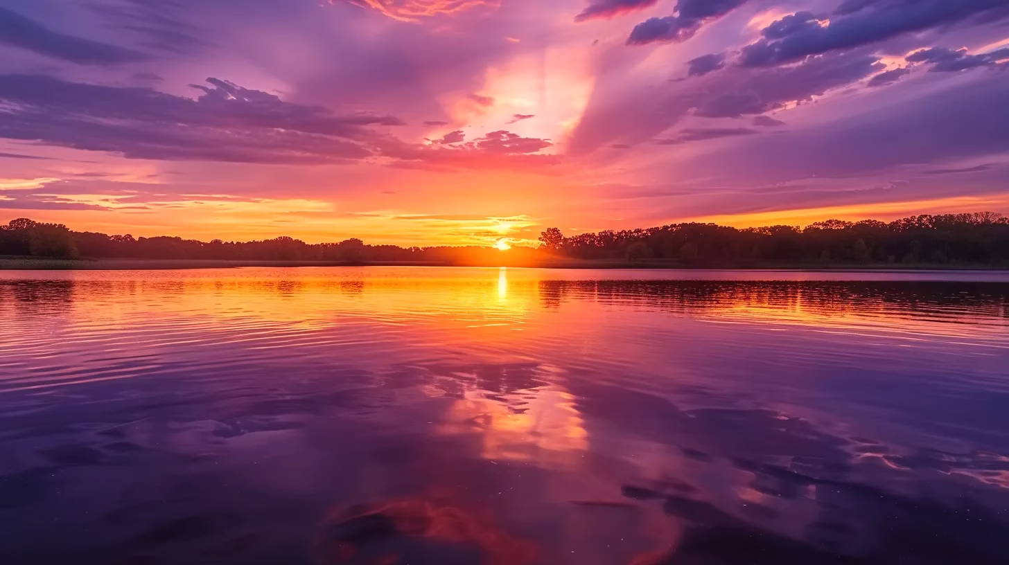 a breathtaking sunset casts vibrant hues of orange and purple across a serene lake, reflecting the tranquil beauty of nature in perfect harmony.