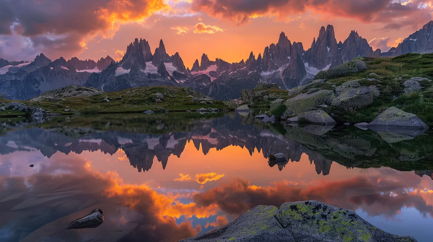 Transform Your Space With Exterior Water Features 5 a breathtaking sunset casts vibrant hues of orange and pink across a tranquil lake, reflecting the towering silhouette of majestic mountains in the foreground.