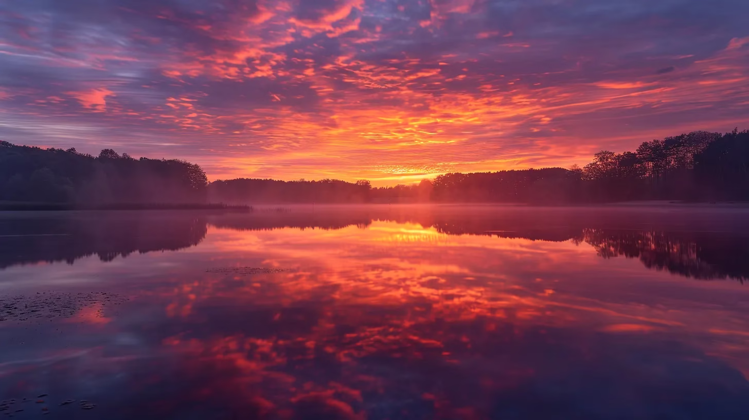 a breathtaking sunset casts vibrant oranges and pinks across a serene lake, with mist rising gently from the water's surface, reflecting the colorful sky in perfect harmony.