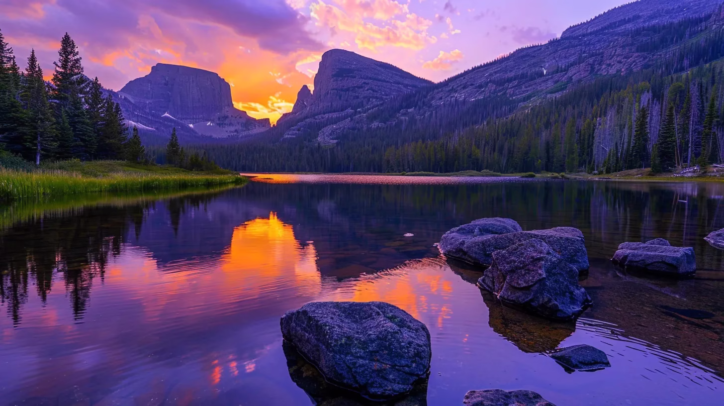 The Magic of LED Water Bubbles in Modern Decor 3 a breathtaking sunset casts vibrant hues of orange and purple over a tranquil mountain lake, reflecting the surrounding towering peaks in pristine clarity.
