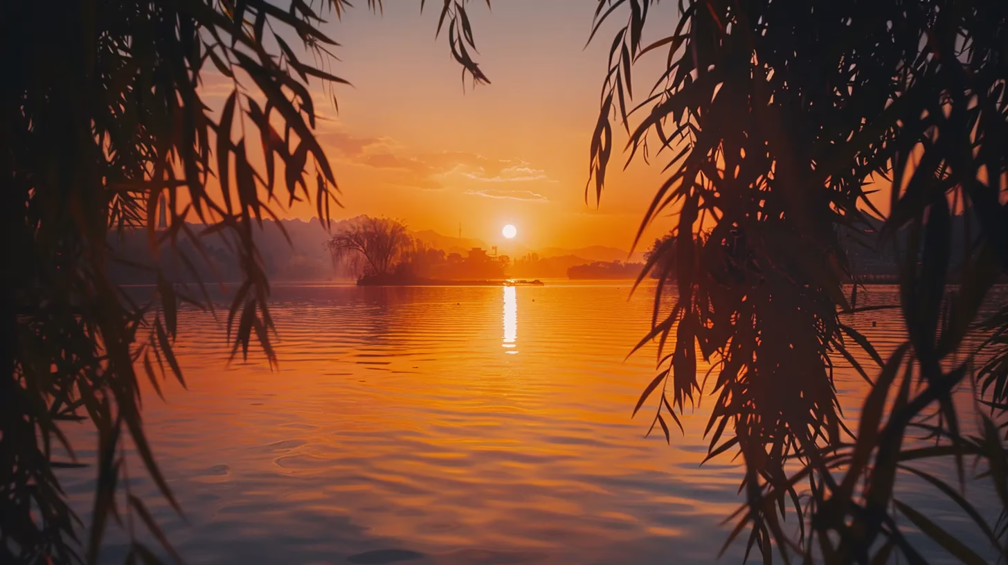 Outdoor Rain Safety: Best Practices for Weather Challenges 5 a breathtaking sunset over a tranquil lake, with vibrant hues of orange and pink reflecting off the still water, framed by silhouettes of softly swaying trees.