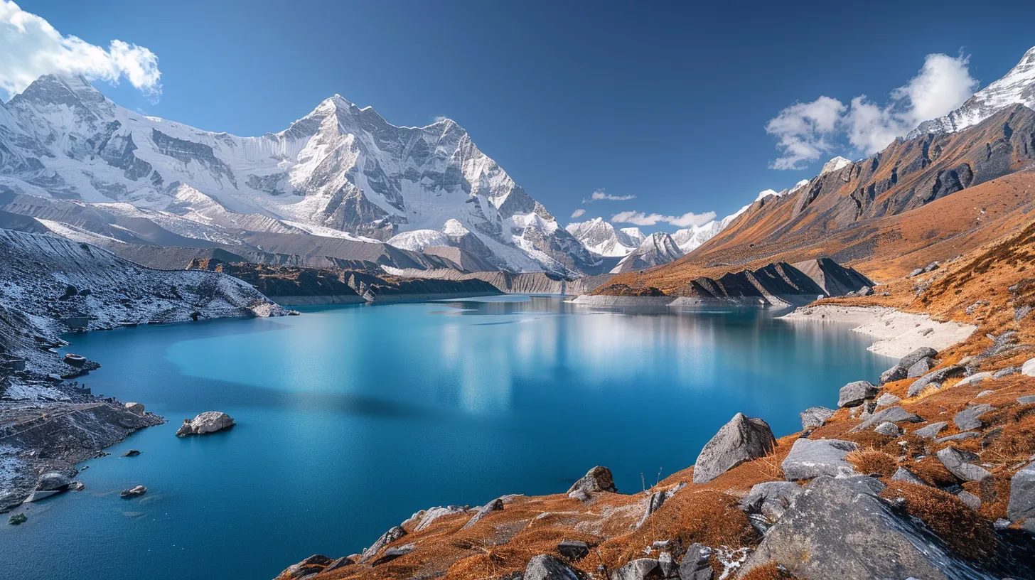 a breathtaking vista reveals a shimmering turquoise lake nestled between majestic snow-capped mountains under a radiant blue sky, casting reflections that enhance the serene beauty of nature.