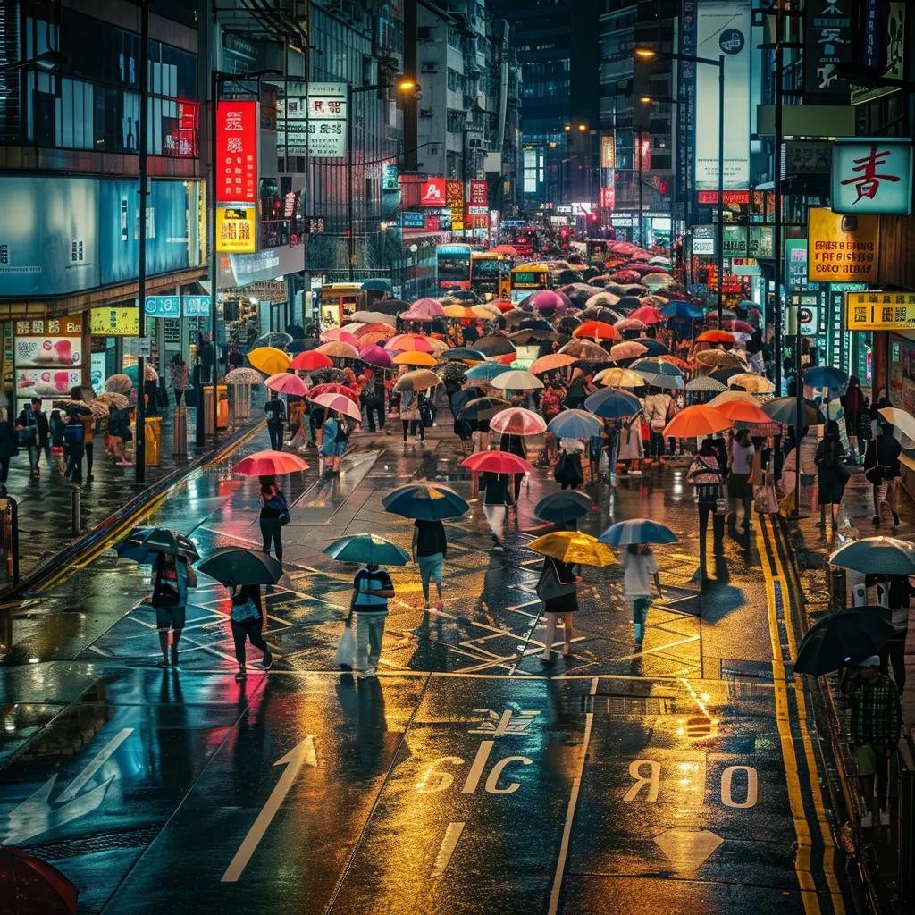 a bustling urban street under a dramatic downpour, showcasing pedestrians confidently navigating the weather with vibrant umbrellas and raincoats, emphasizing the importance of safety and preparedness in adverse conditions.
