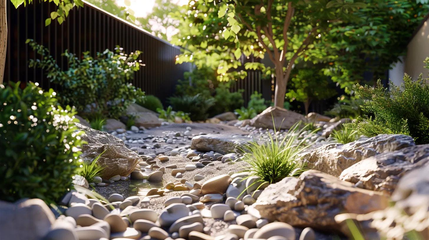 a contemporary backyard featuring a meticulously arranged rock garden, showcasing diverse textures and colors of stones and pebbles, thoughtfully integrated with minimal faux-water elements, creating a serene yet striking focal point amid a sleek, modern urban setting.