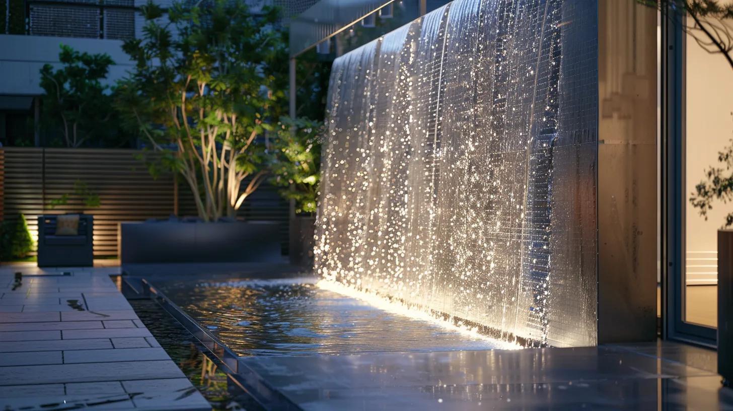 Contemporary outdoor water wall feature with cascading water and illuminated reflections, enhancing patio ambiance and tranquility.