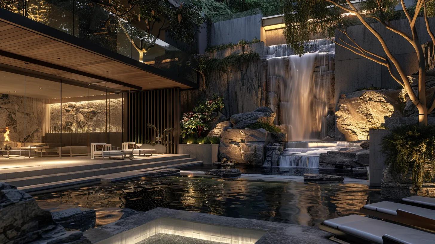 a contemporary outdoor patio features a beautifully integrated cascading waterfall surrounded by elegant retaining walls and artful stone formations, illuminated by strategically placed ambient lighting, creating a serene and functional space that harmonizes with its architectural surroundings.