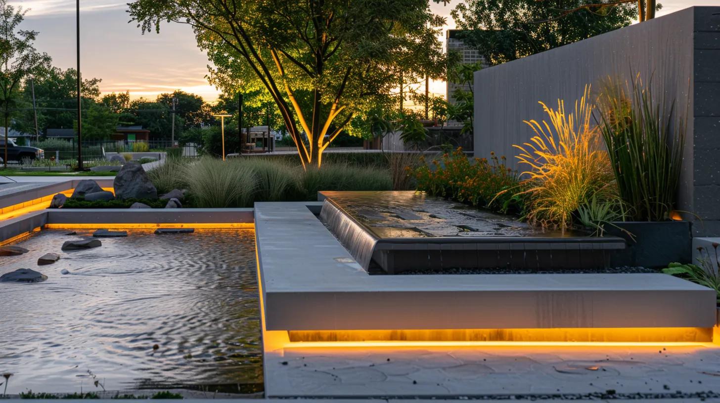a contemporary urban outdoor installation scene showcases precision techniques in water feature construction, featuring sleek pre-cast concrete elements and laser-guided tools, all illuminated by integrated modern lighting that highlights the intricate design of custom ponds and sculptures amidst a meticulously arranged landscape.