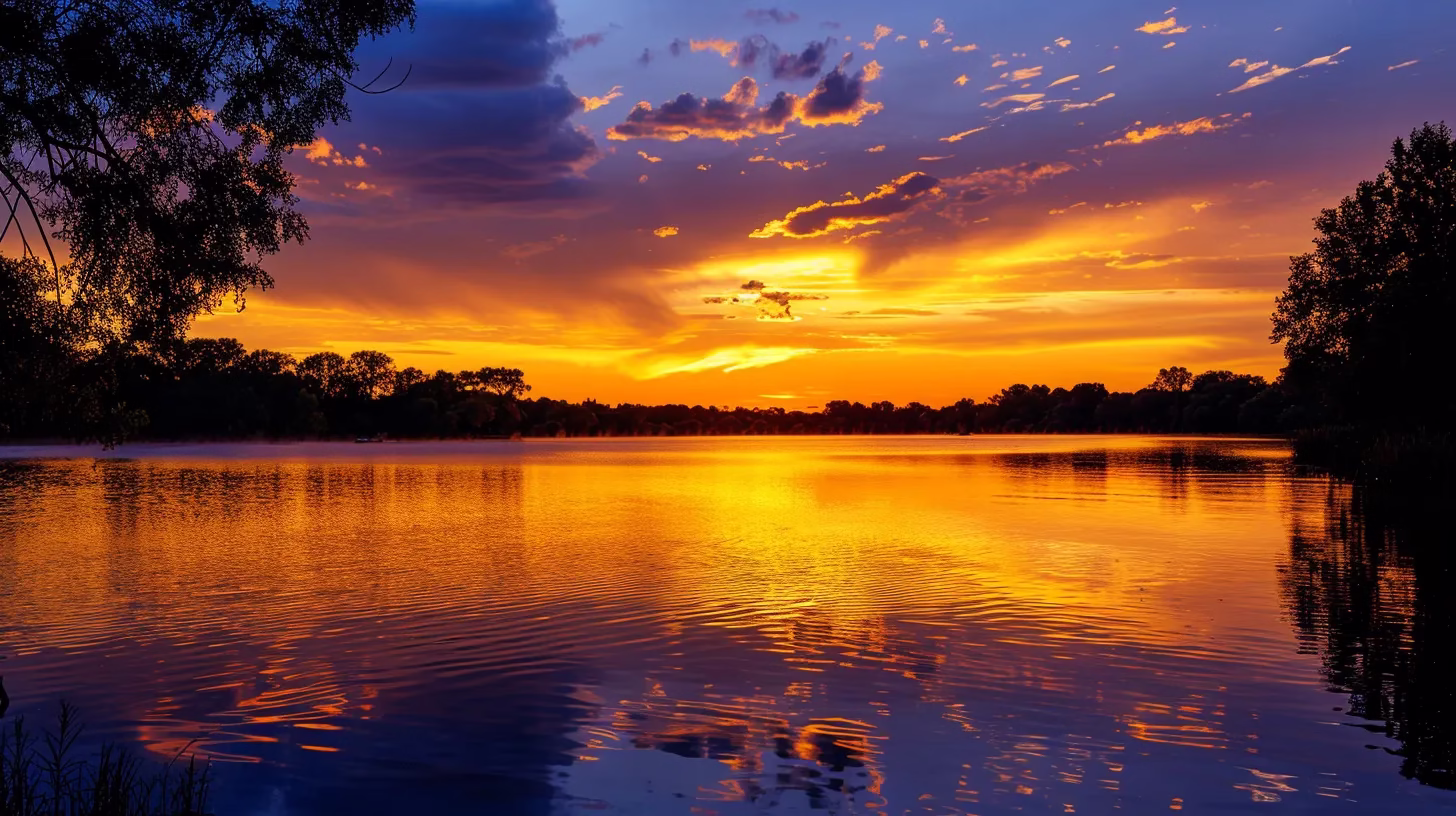 Perfecting Your Garden Watering Routine for Healthy Plants 1 a dramatic sunset casts a warm golden glow over a serene lake, reflecting the vibrant colors of the sky with silhouetted trees framing the tranquil water.