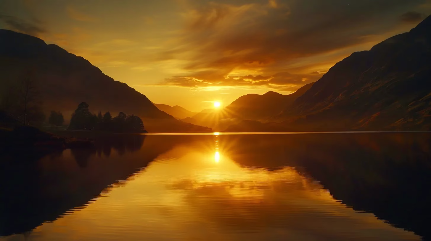 a golden sunset casts vibrant hues across a tranquil lake, reflecting the dramatic silhouettes of distant mountains under a sky filled with wispy clouds.