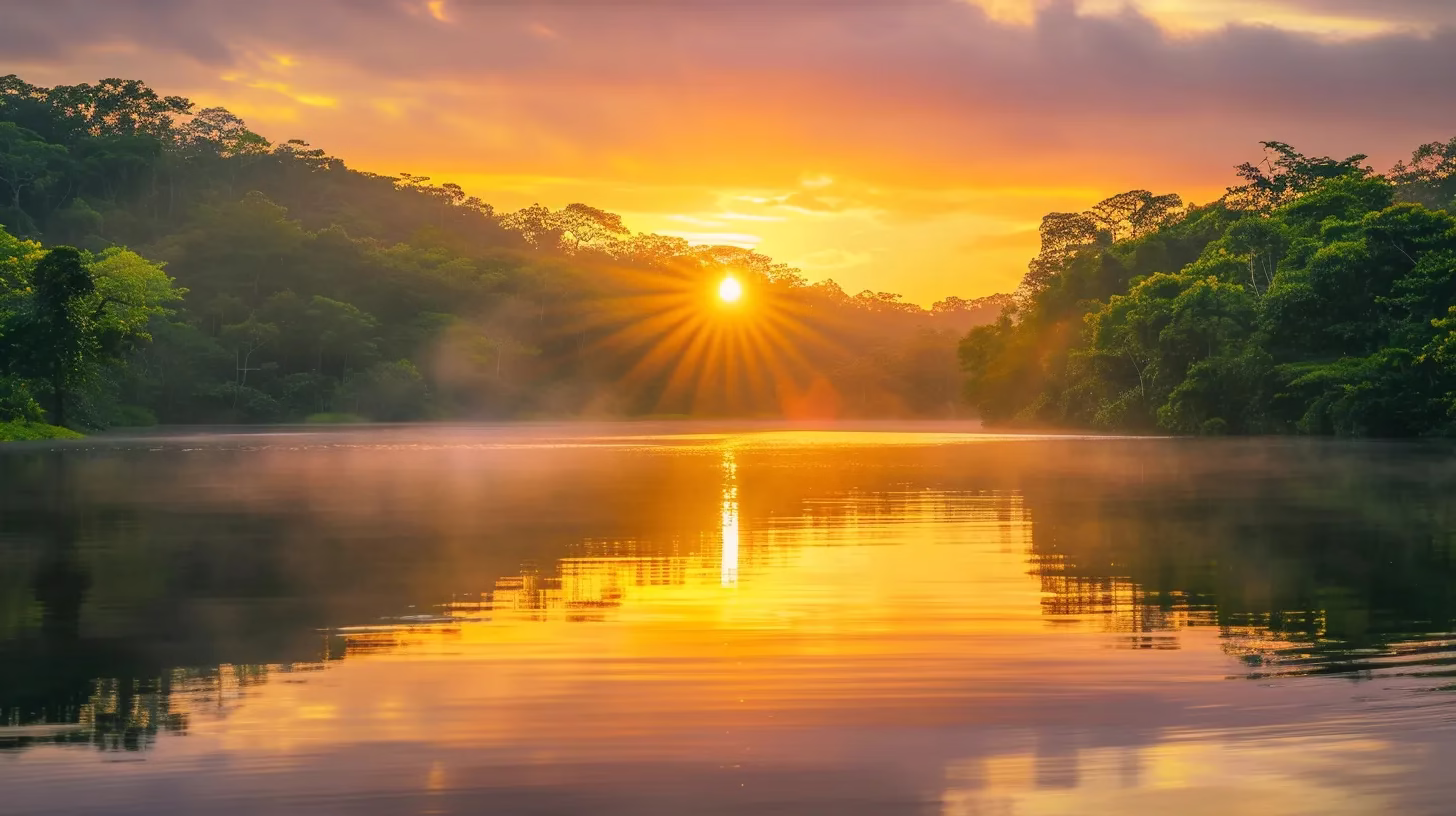 a luminous sunrise casts golden rays over a tranquil lake, reflecting vibrant hues of orange and pink across its serene surface, surrounded by lush, green forests.