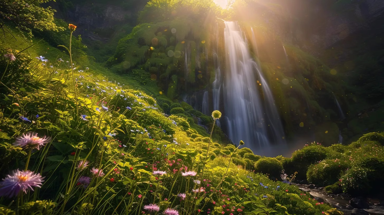 a lush, vibrant landscape unfolds, showcasing a cascading waterfall surrounded by dense greenery and colorful wildflowers, illuminated by the soft glow of golden hour light.