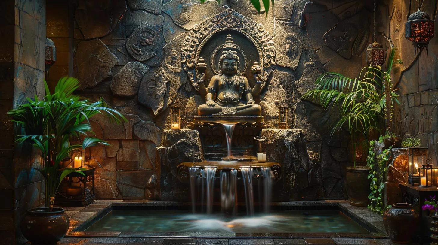 Transform Your Outdoors With a Decorative Waterfall Feature 6 a luxurious indoor setting showcases a stunning zen ganesha waterfall fountain, featuring intricate mythic motifs, cascading water, and soft glowing lights that create a serene atmosphere perfect for meditation and high-end decor.
