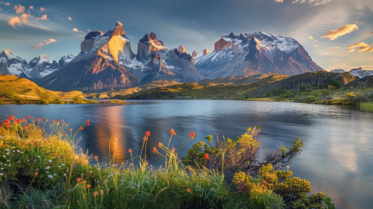 Understanding Vertical Water: Definition and Benefits 1 a majestic mountain range towers over a serene, glassy lake at sunrise, with golden light reflecting off the peaks and vibrant wildflowers blooming along the shore.